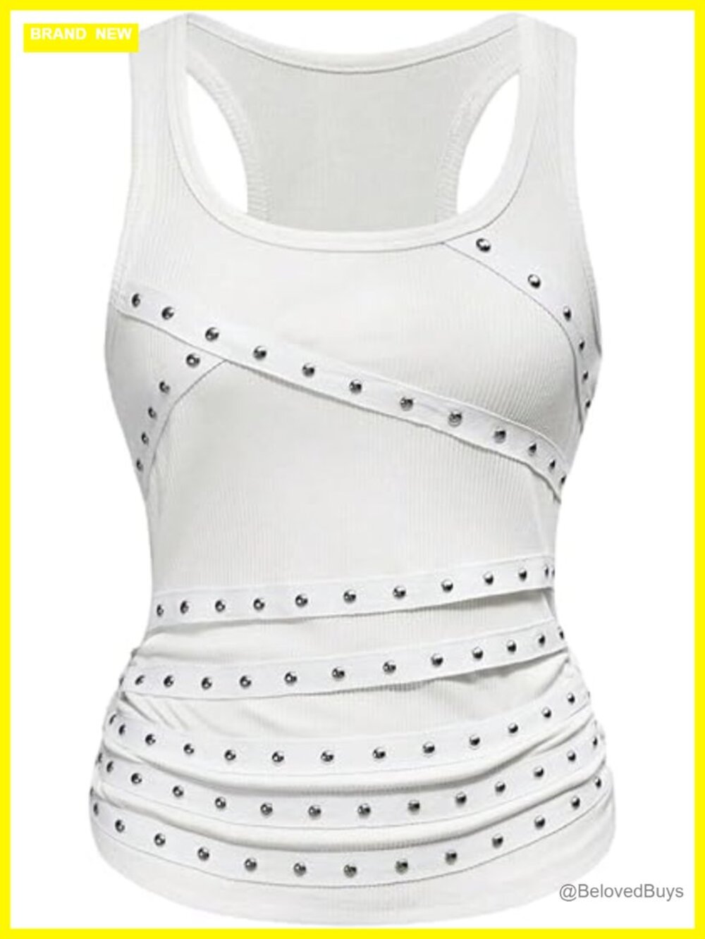 Punk Studded Ruched Ribbed Knit Scoop Neck Sleeveless Fitted Tank Top